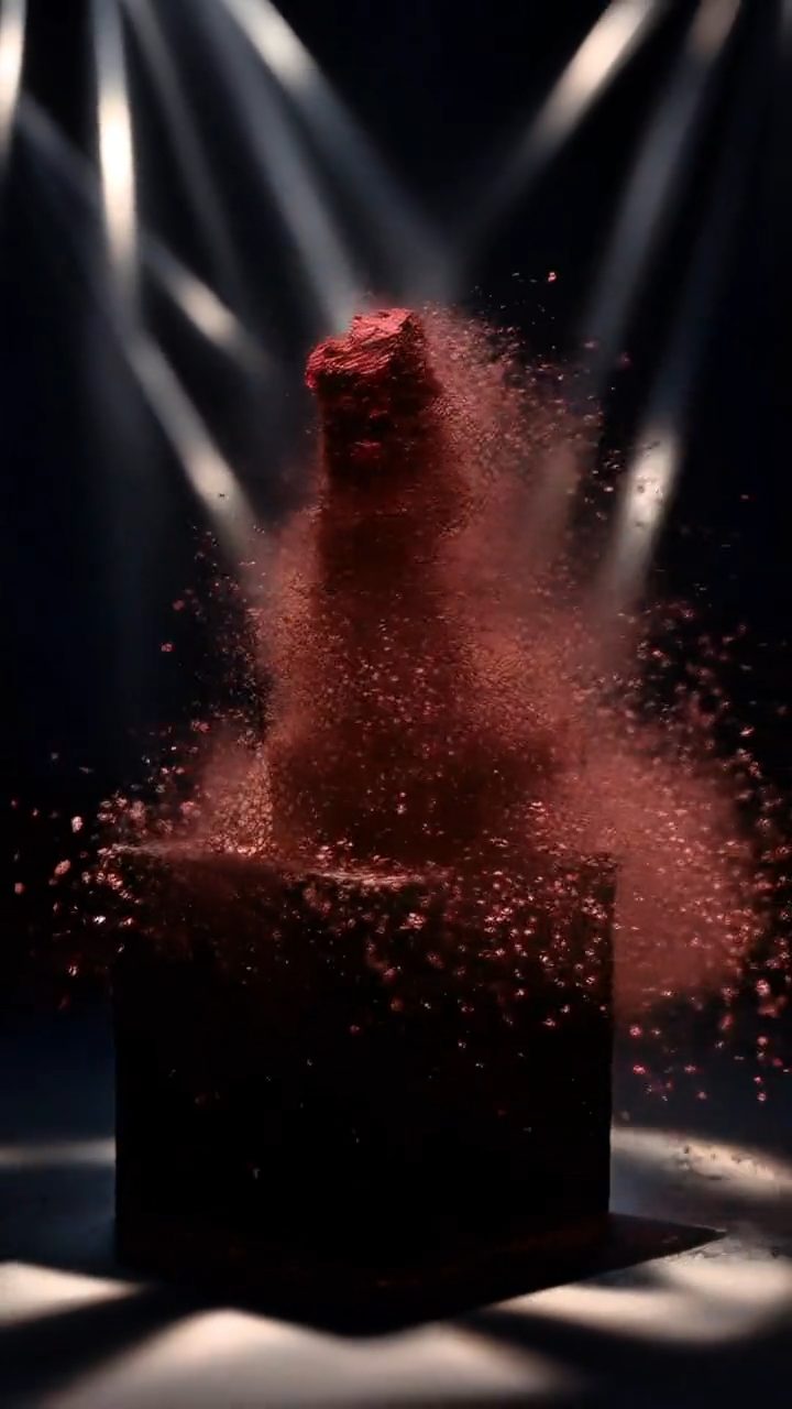 Beauty product film still — pigment and smoke effects around a cosmetics bottle