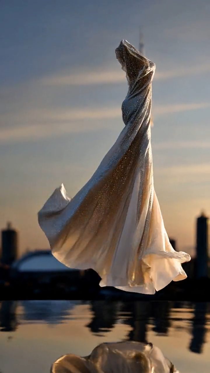 Fashion event campaign still — couture fabric flowing around a Toronto landmark